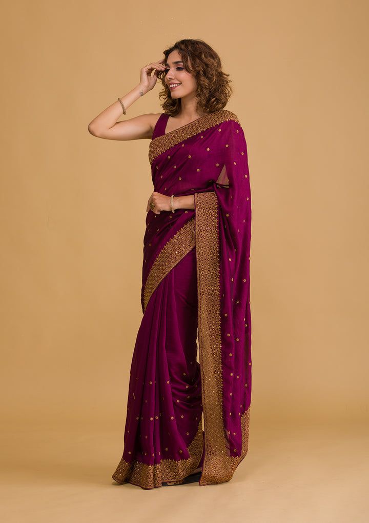 Wine Zariwork Semi Crepe Designer Saree-Koskii