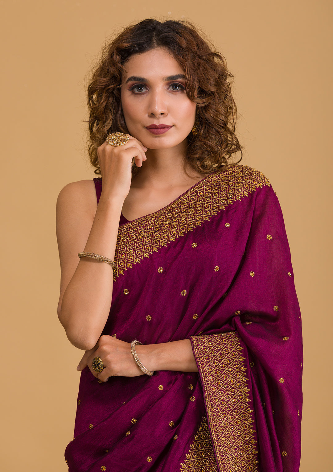Wine Zariwork Semi Crepe Designer Saree-Koskii