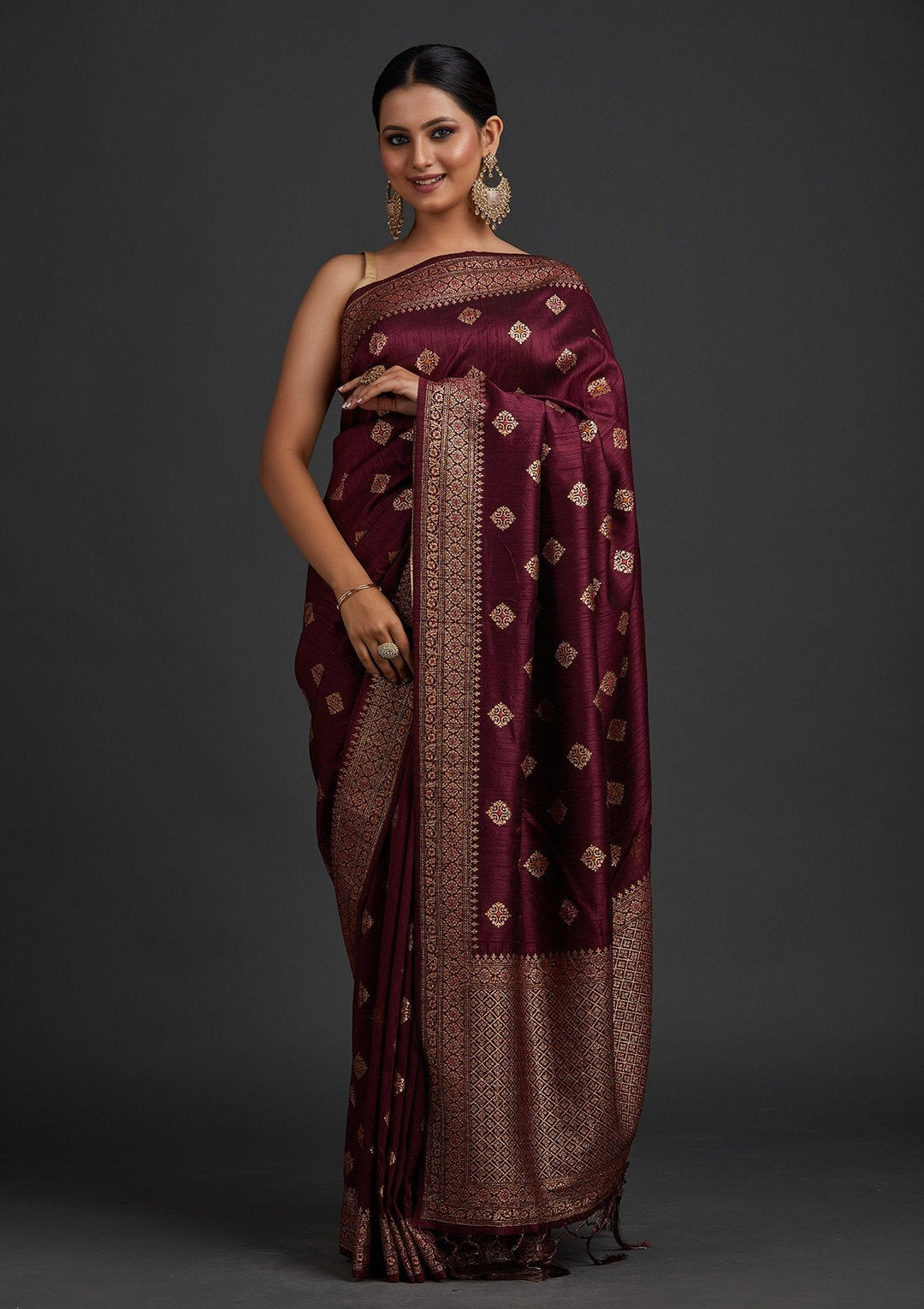 Wine Zariwork Raw Silk Designer Saree - koskii