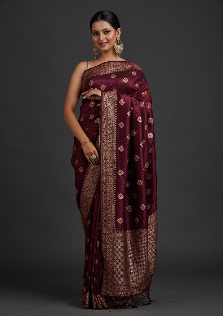 Wine Zariwork Raw Silk Designer Saree - koskii