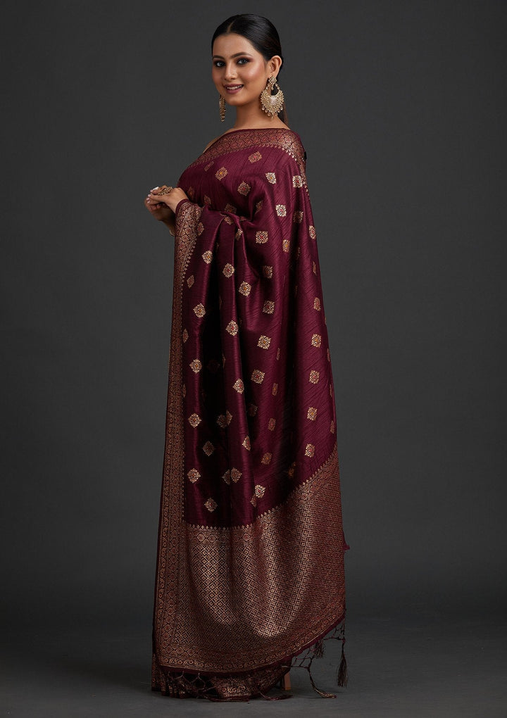 Wine Zariwork Raw Silk Designer Saree - koskii