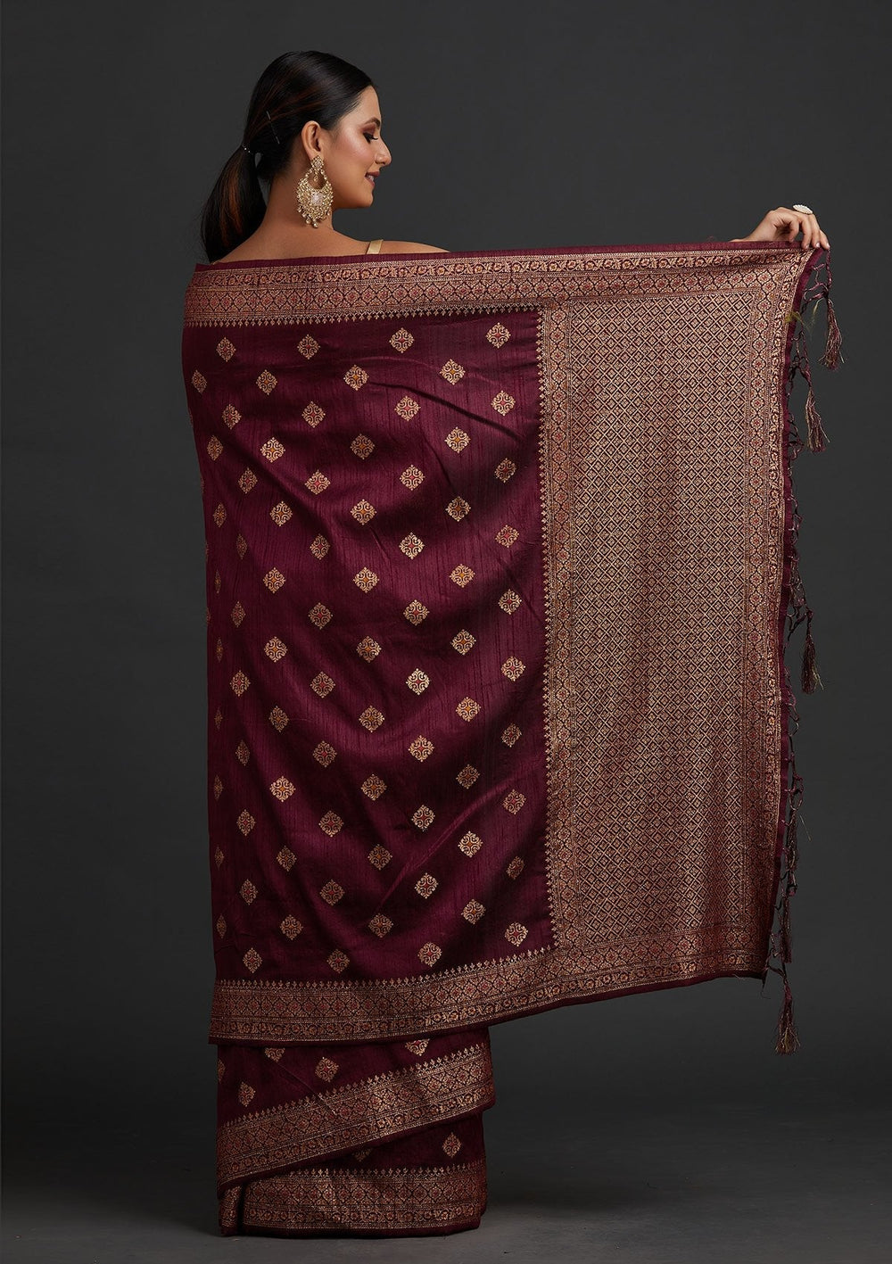Wine Zariwork Raw Silk Designer Saree - koskii