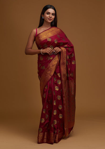 Wine Zariwork Raw Silk Designer Saree - Koskii