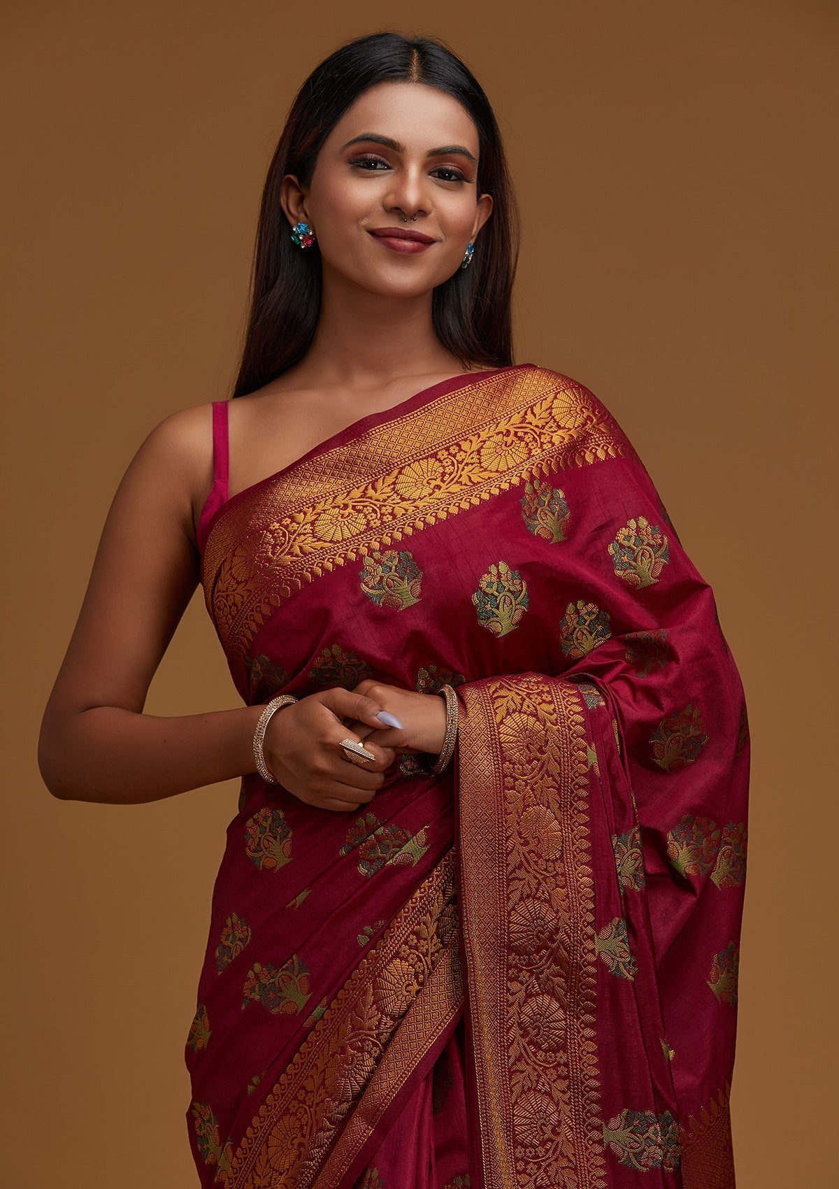 Wine Zariwork Raw Silk Designer Saree - Koskii