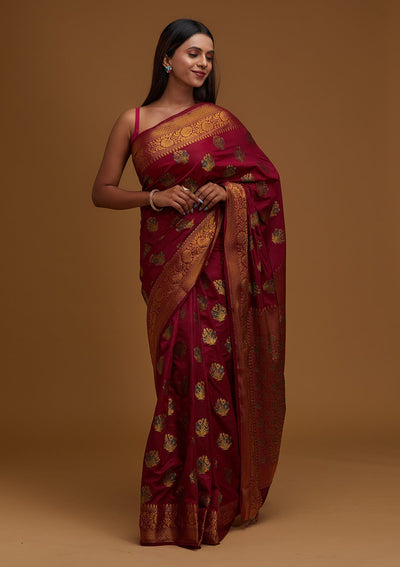 Wine Zariwork Raw Silk Designer Saree - Koskii