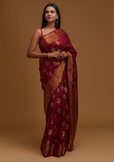 Wine Zariwork Raw Silk Designer Saree - Koskii