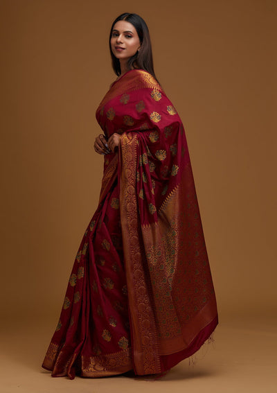 Wine Zariwork Raw Silk Designer Saree - Koskii