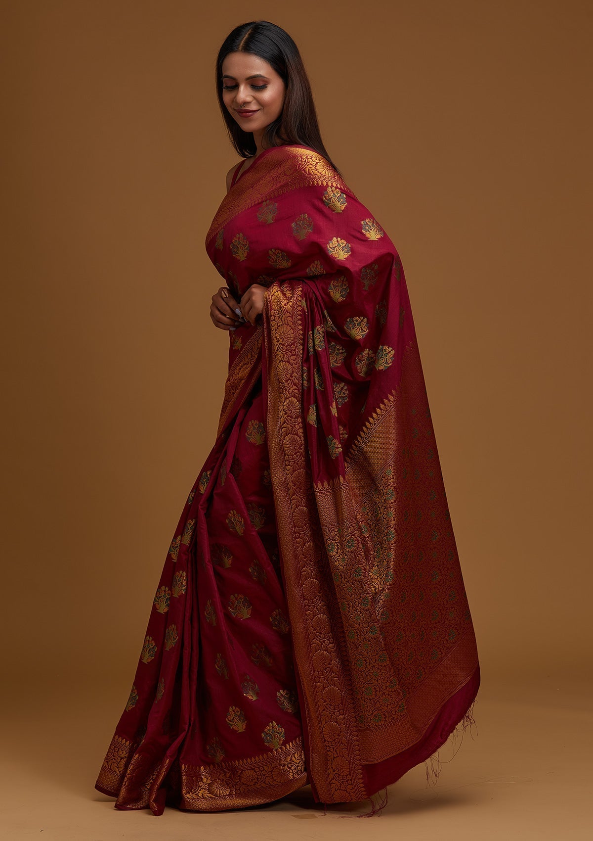 Wine Zariwork Raw Silk Designer Saree - Koskii