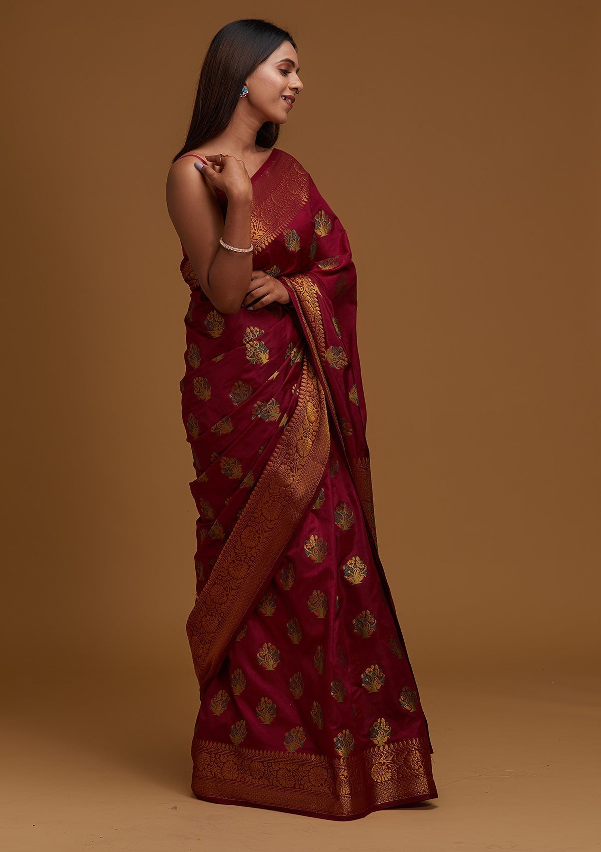 Wine Zariwork Raw Silk Designer Saree - Koskii