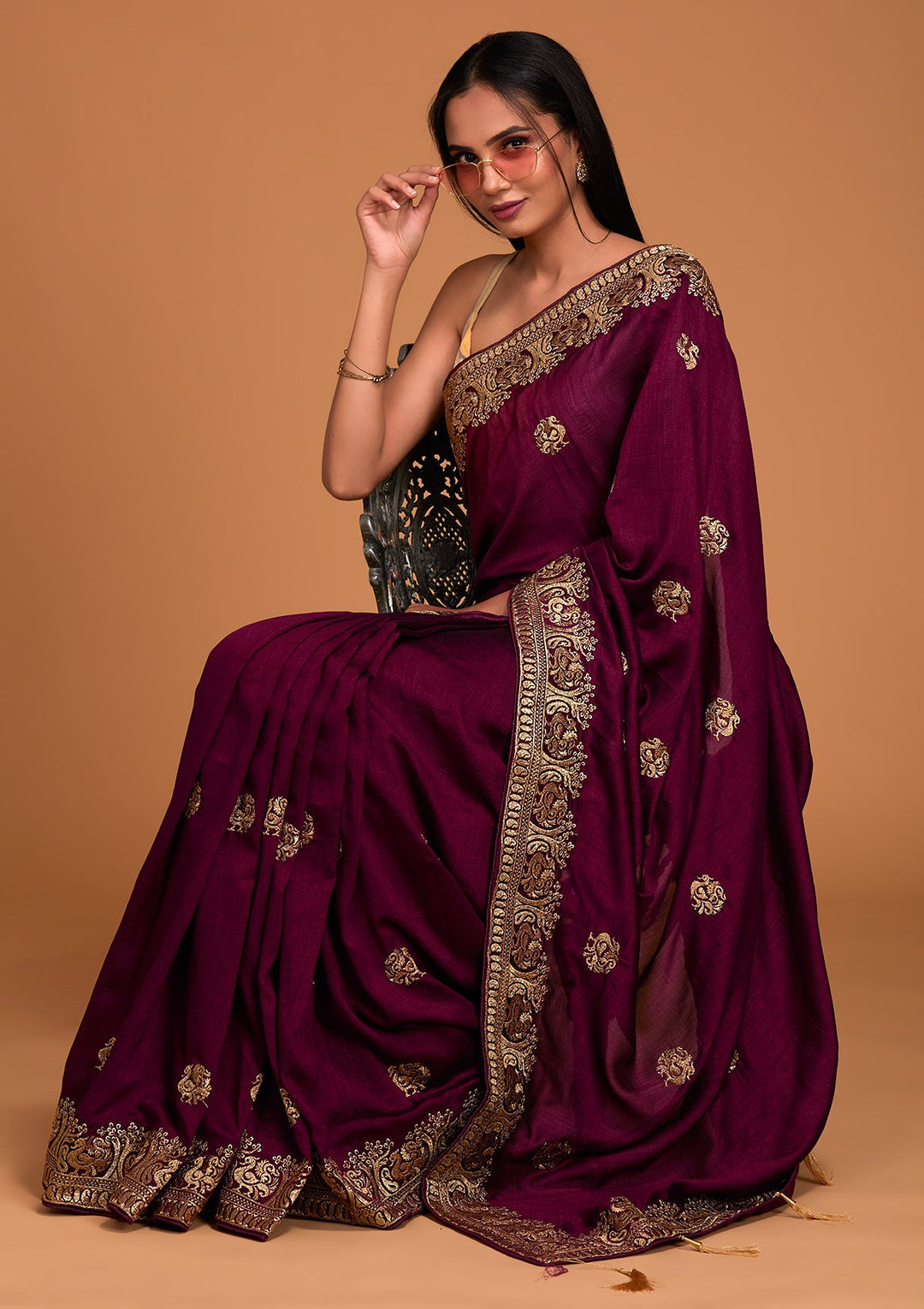 Wine Zariwork Raw Silk Saree - Koskii