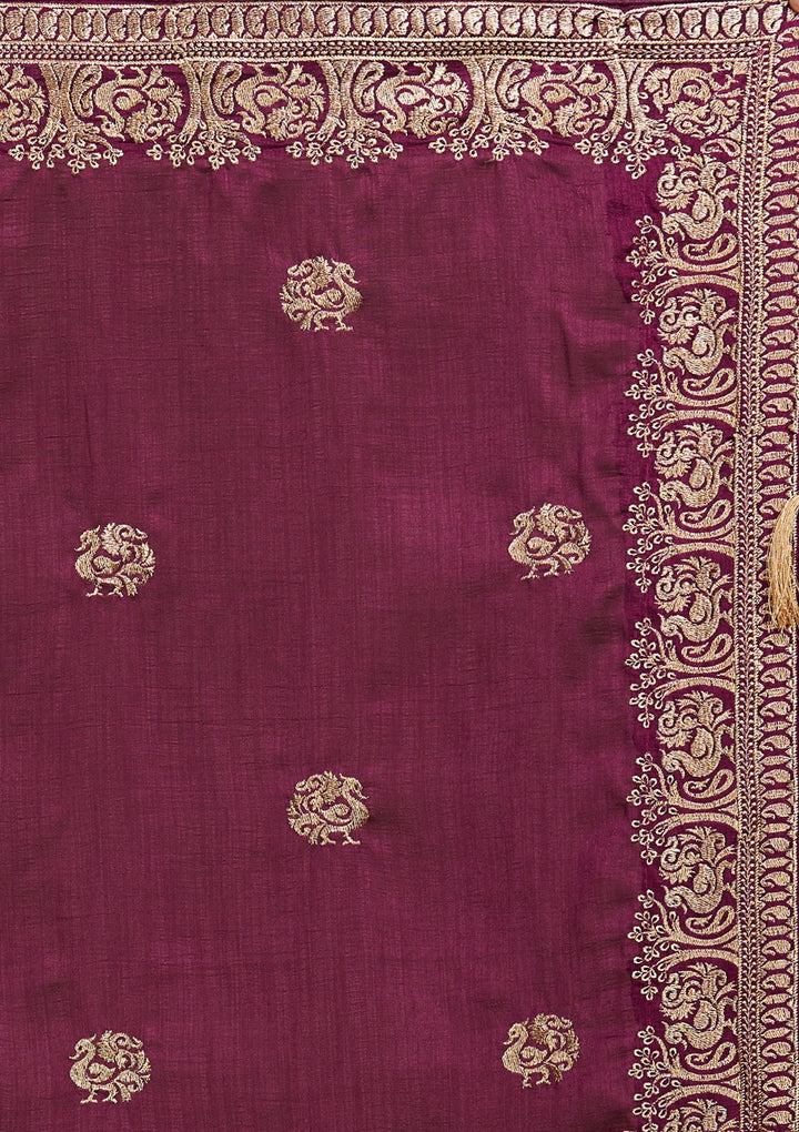 Wine Zariwork Raw Silk Saree - Koskii