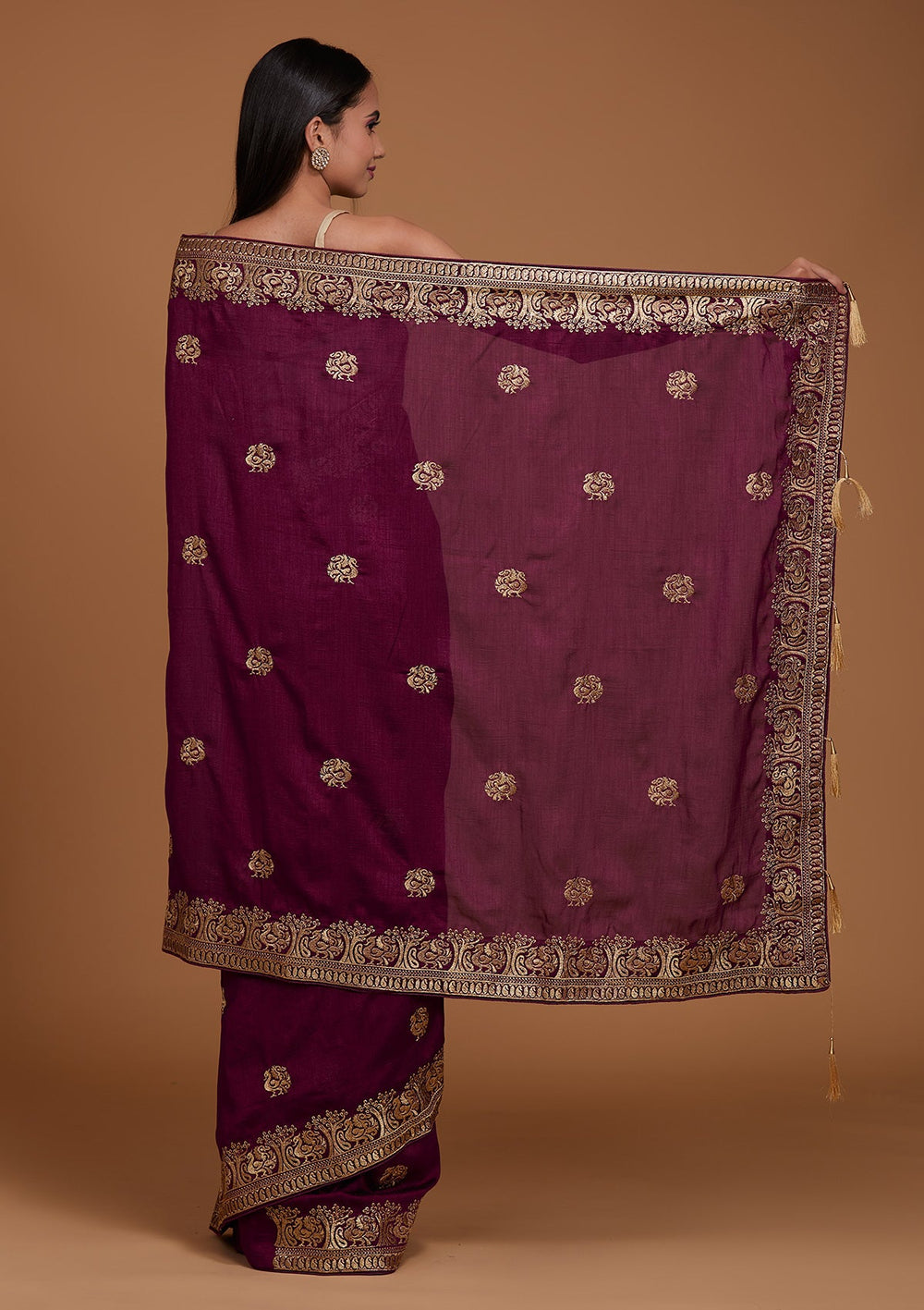 Wine Zariwork Raw Silk Saree - Koskii