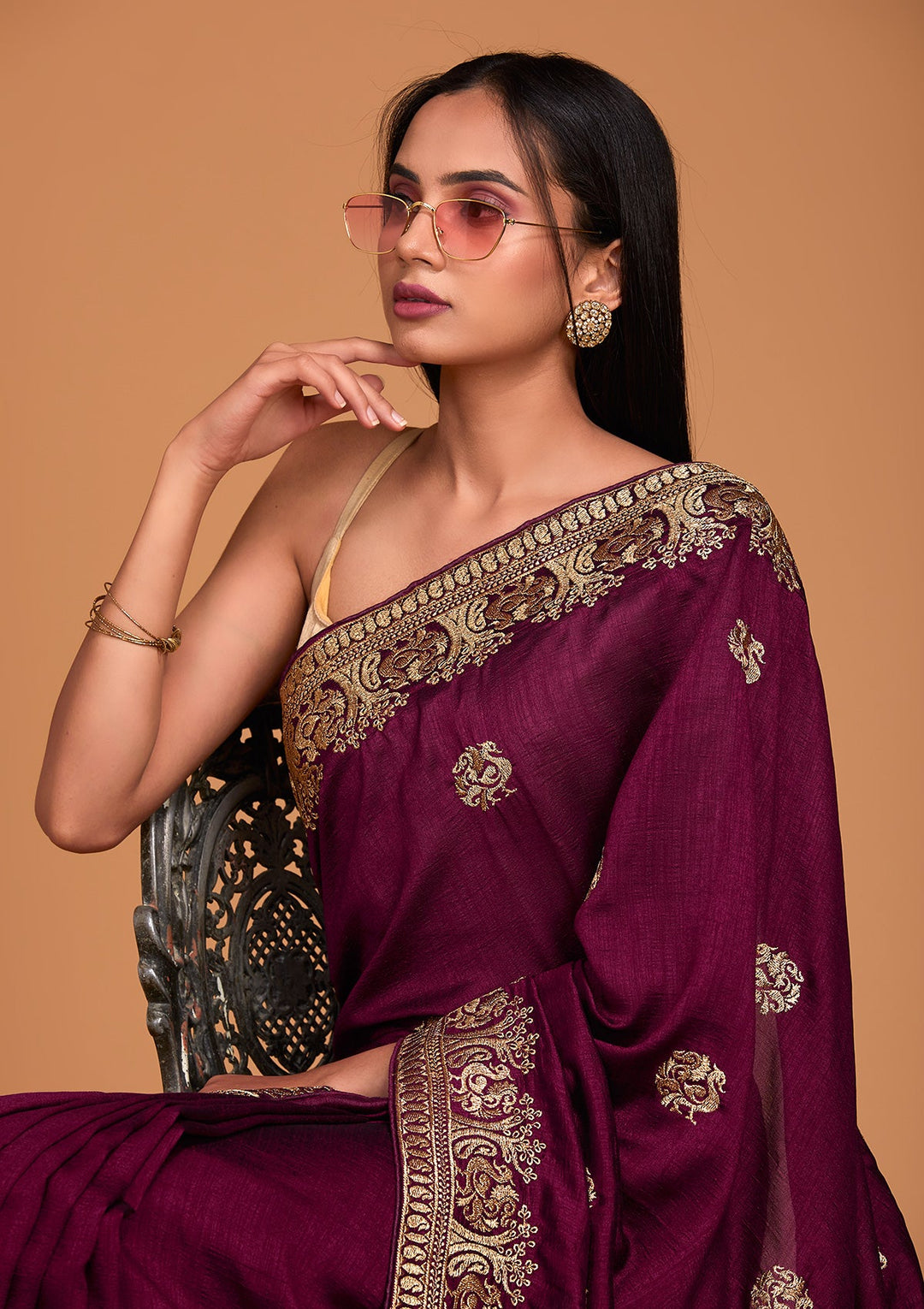Wine Zariwork Raw Silk Saree - Koskii