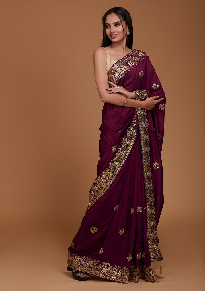 Wine Zariwork Raw Silk Saree - Koskii