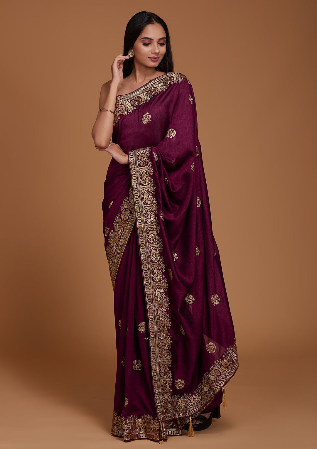 Wine Zariwork Raw Silk Saree - Koskii