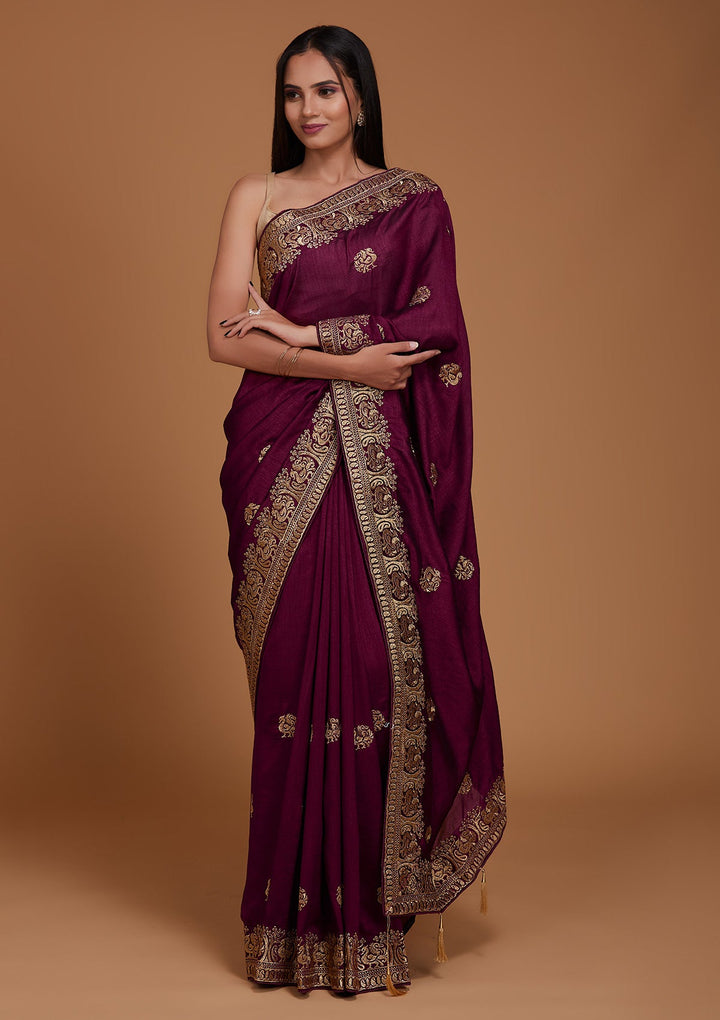 Wine Zariwork Raw Silk Saree - Koskii