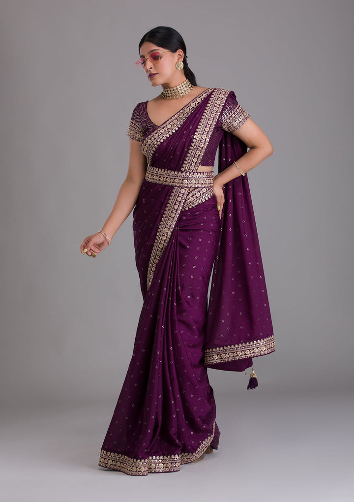 Wine Zariwork Raw Silk Saree-Koskii