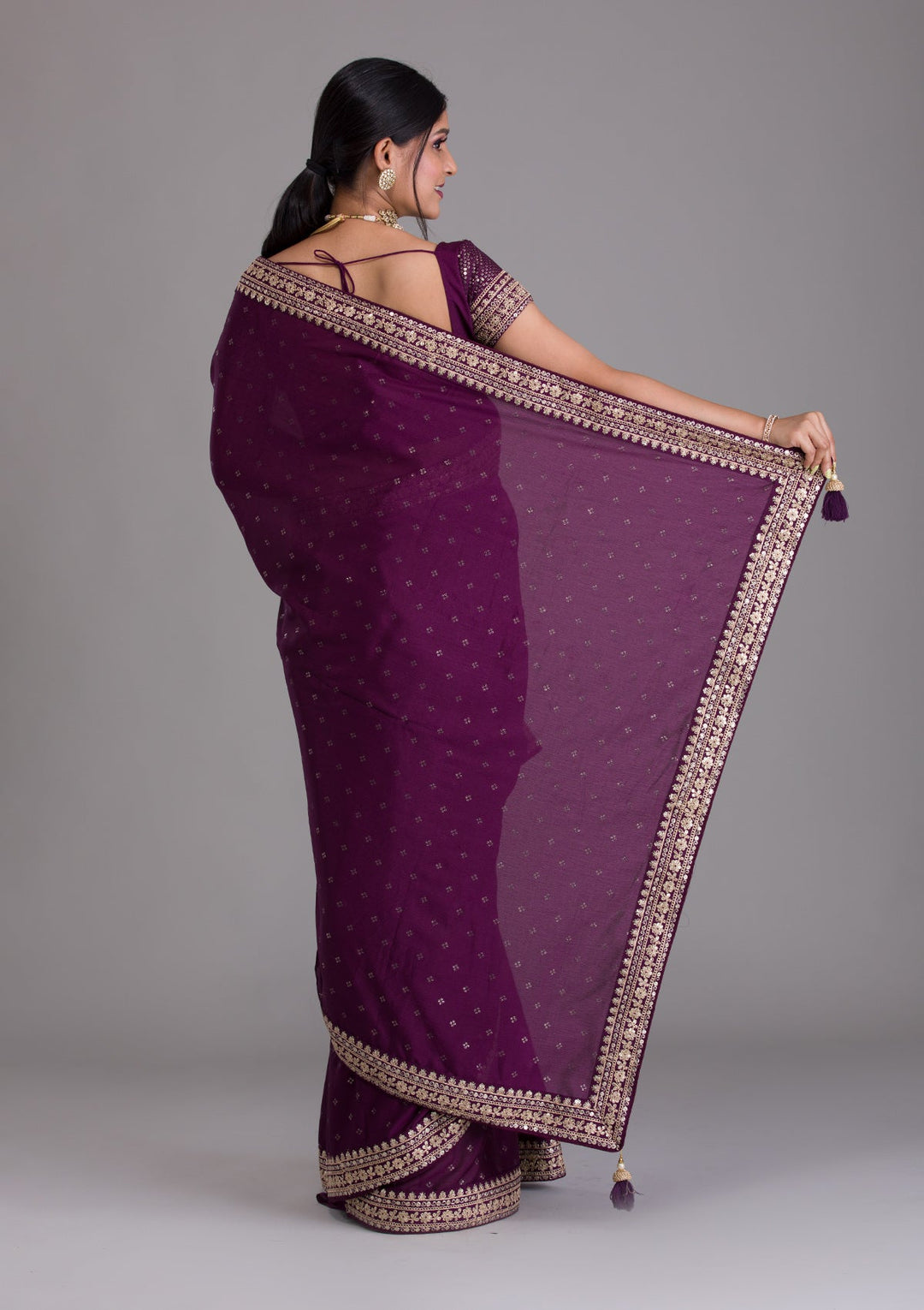 Wine Zariwork Raw Silk Saree-Koskii