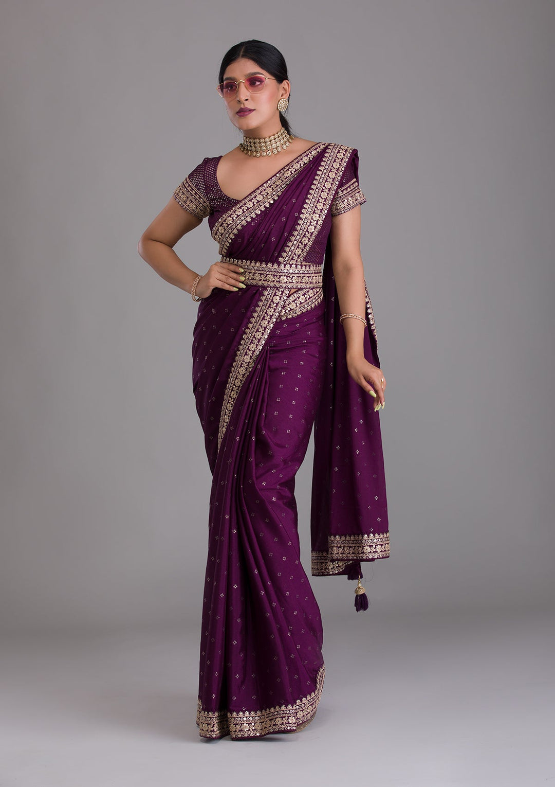 Wine Zariwork Raw Silk Saree-Koskii
