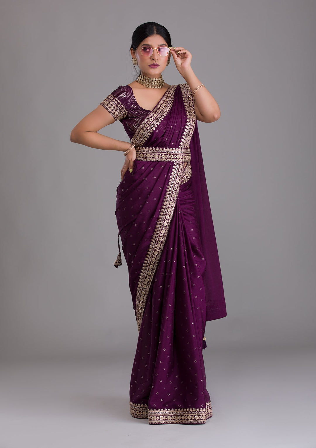 Wine Zariwork Raw Silk Saree-Koskii