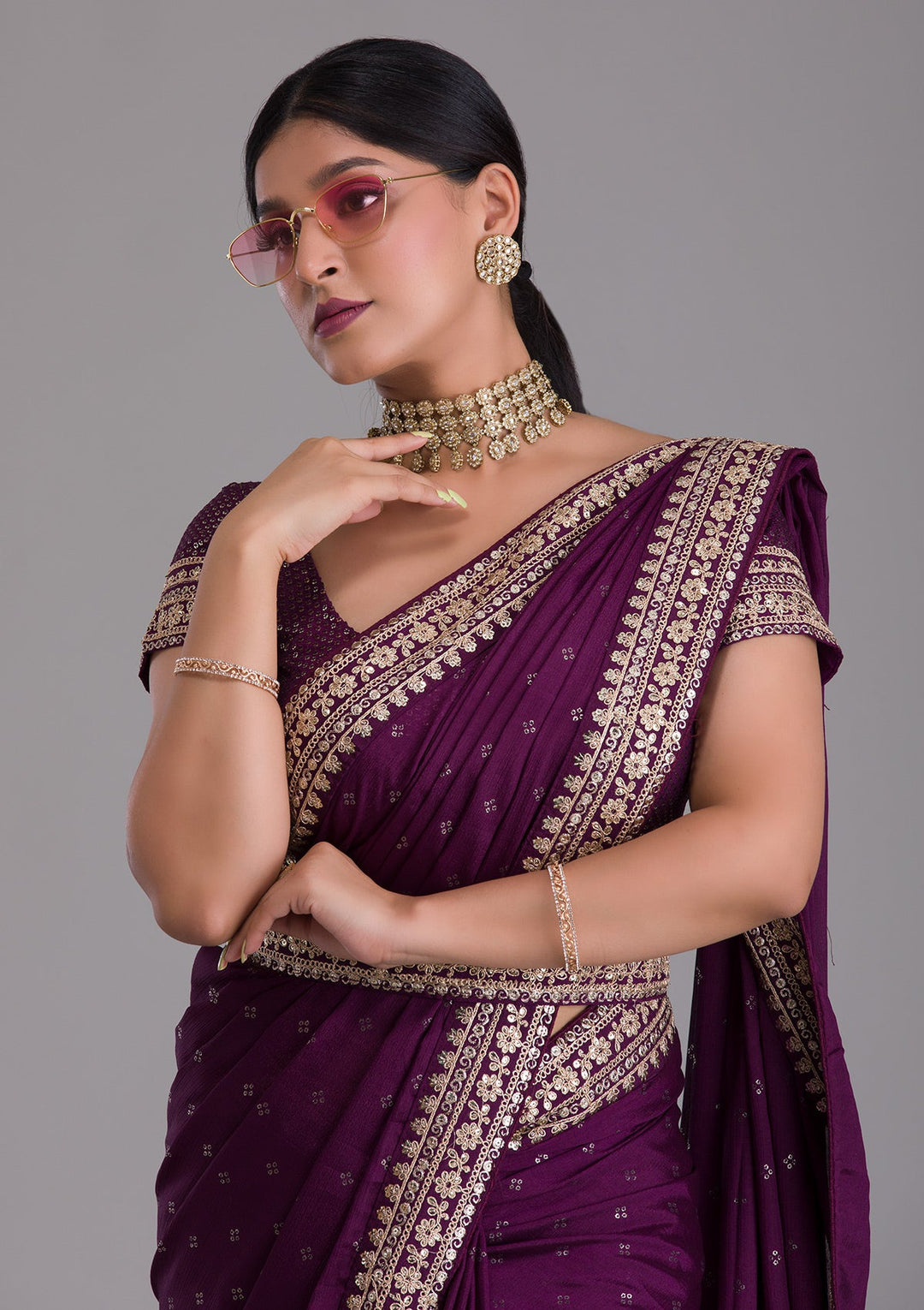 Wine Zariwork Raw Silk Saree-Koskii
