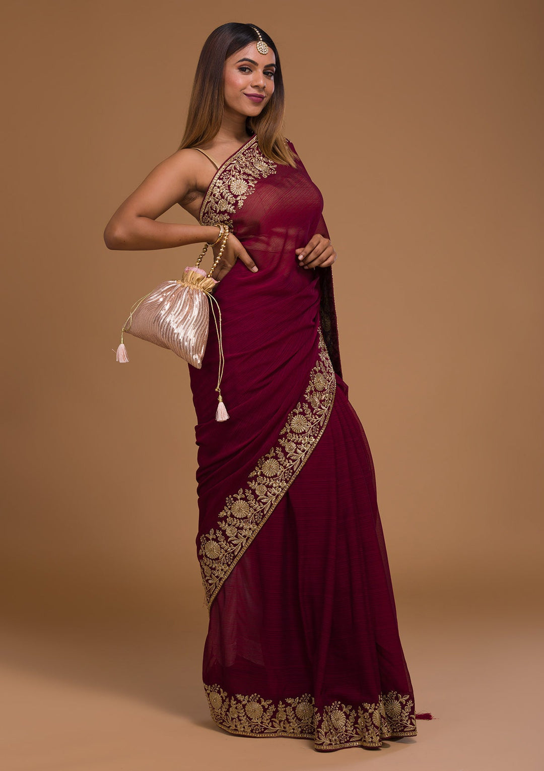Wine Zariwork Raw Silk Saree-Koskii