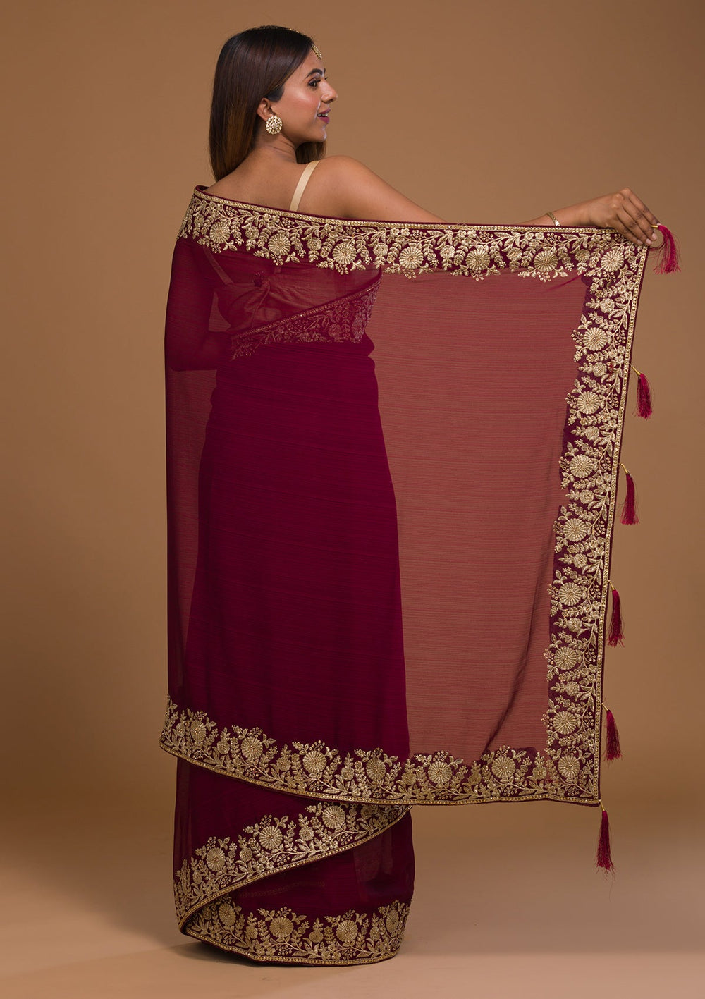 Wine Zariwork Raw Silk Saree-Koskii