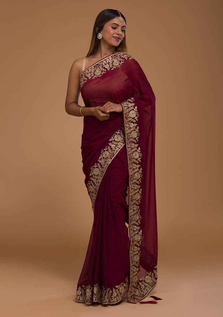 Wine Zariwork Raw Silk Saree-Koskii