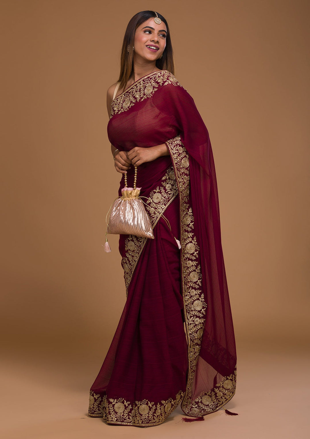 Wine Zariwork Raw Silk Saree-Koskii