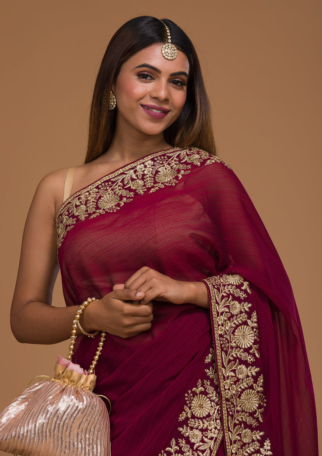 Wine Zariwork Raw Silk Saree-Koskii