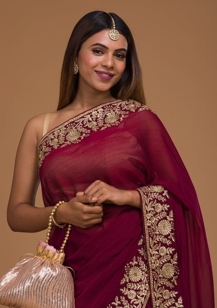 Wine Zariwork Raw Silk Saree-Koskii