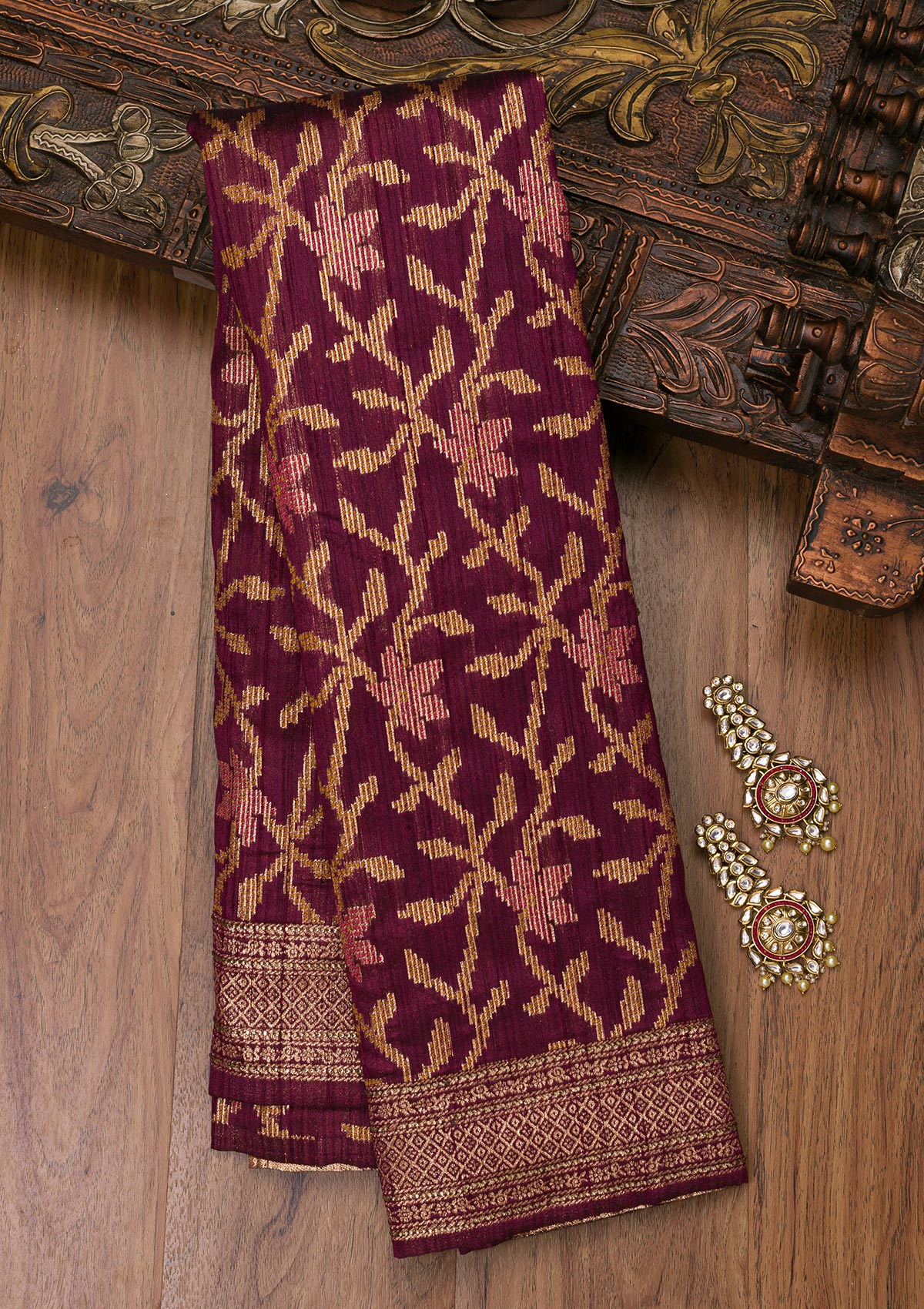 Wine Zariwork Raw Silk Saree-Koskii