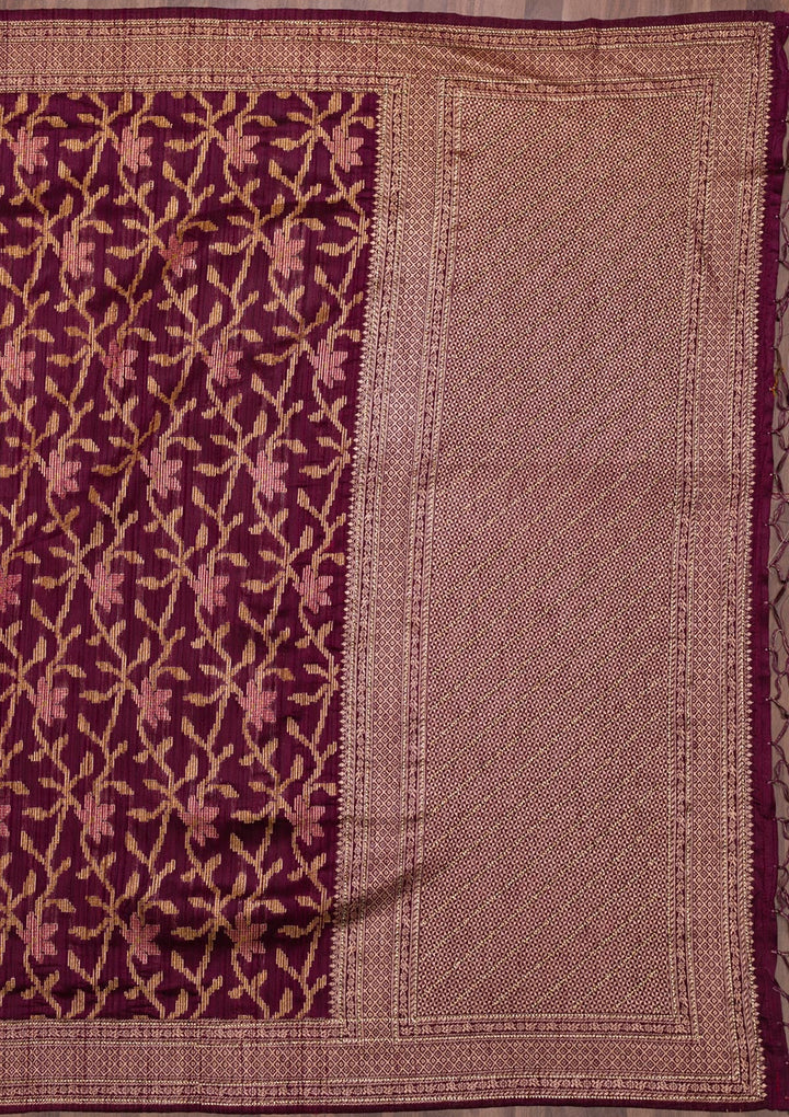 Wine Zariwork Raw Silk Saree-Koskii