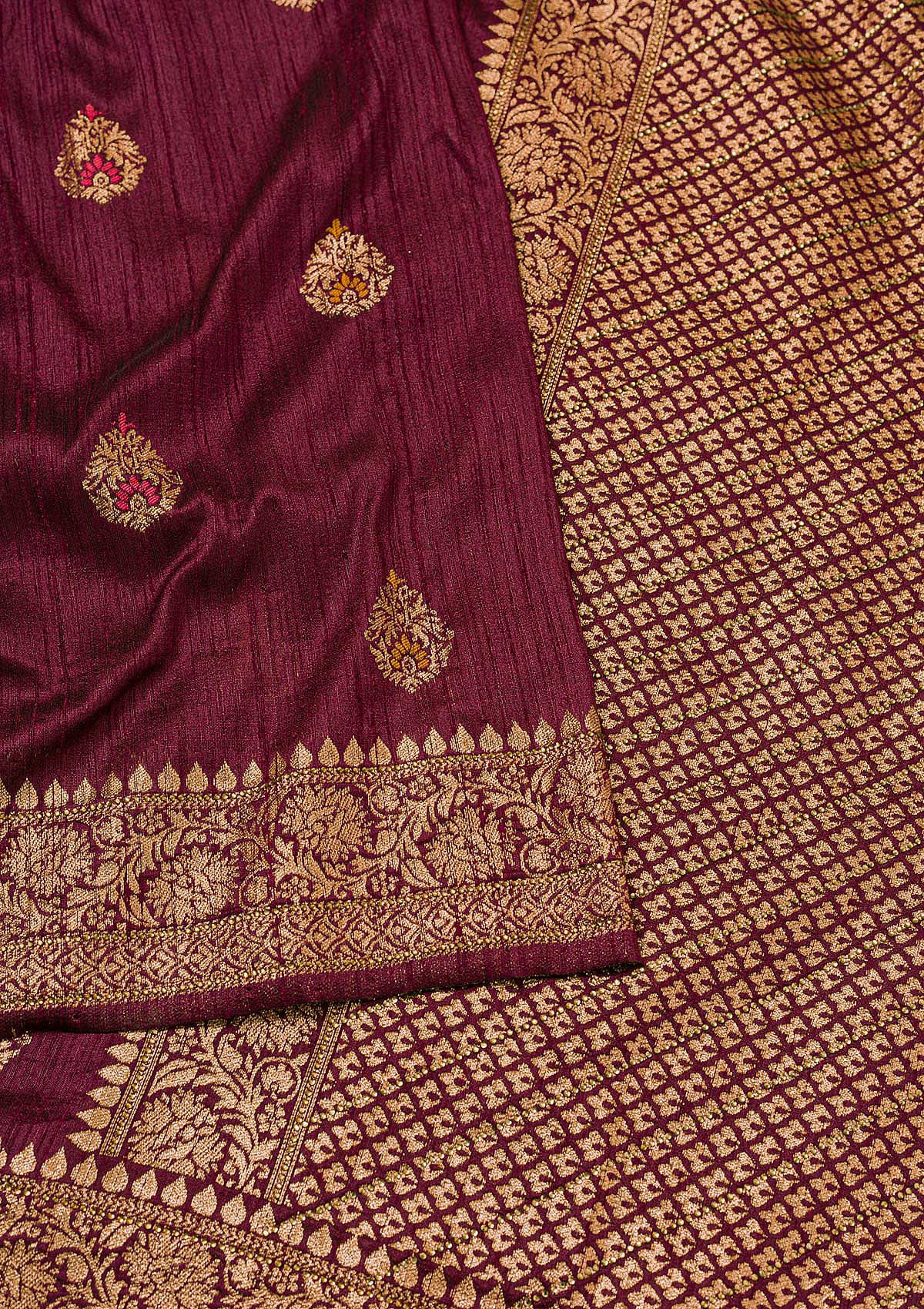 Wine Zariwork Raw Silk Saree-Koskii