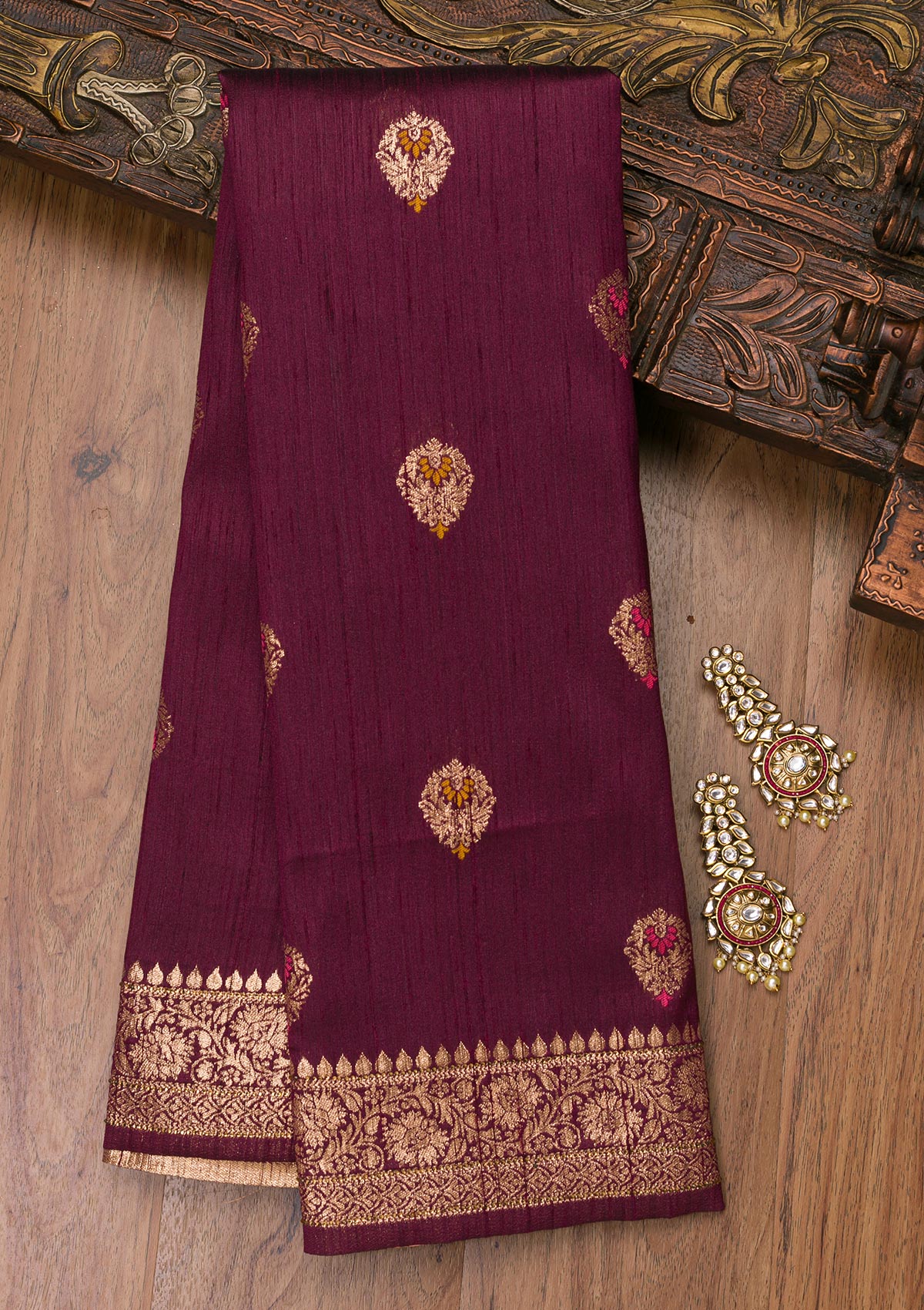 Wine Zariwork Raw Silk Saree-Koskii