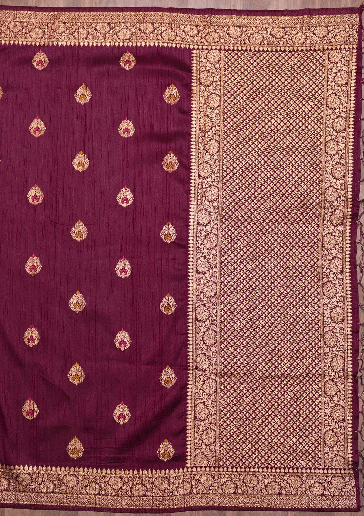 Wine Zariwork Raw Silk Saree-Koskii