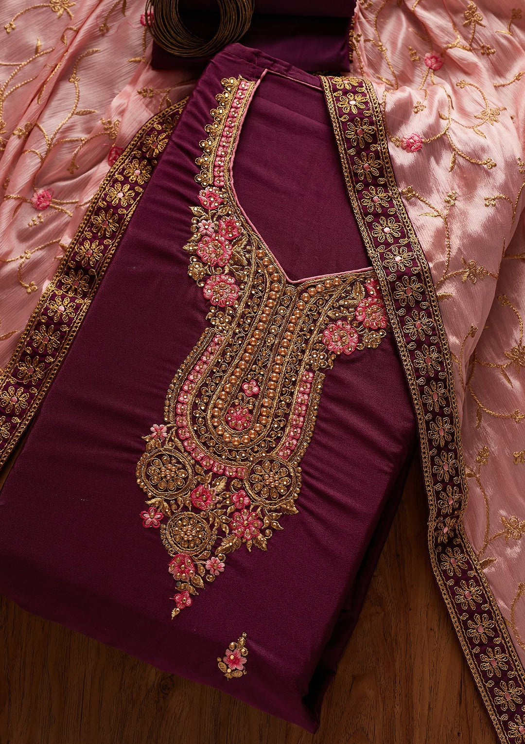 Wine Zariwork Semi Crepe Designer Semi-Stitched Salwar Suit - koskii