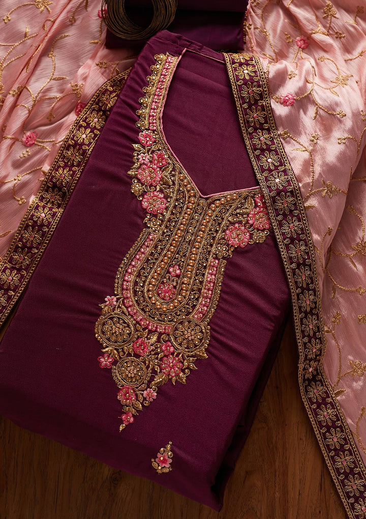 Wine Zariwork Semi Crepe Designer Semi-Stitched Salwar Suit - koskii