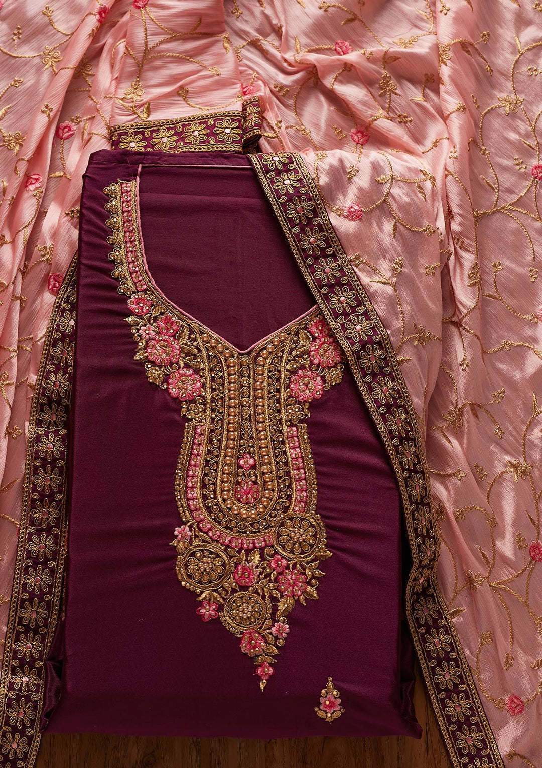 Wine Zariwork Semi Crepe Designer Semi-Stitched Salwar Suit - koskii