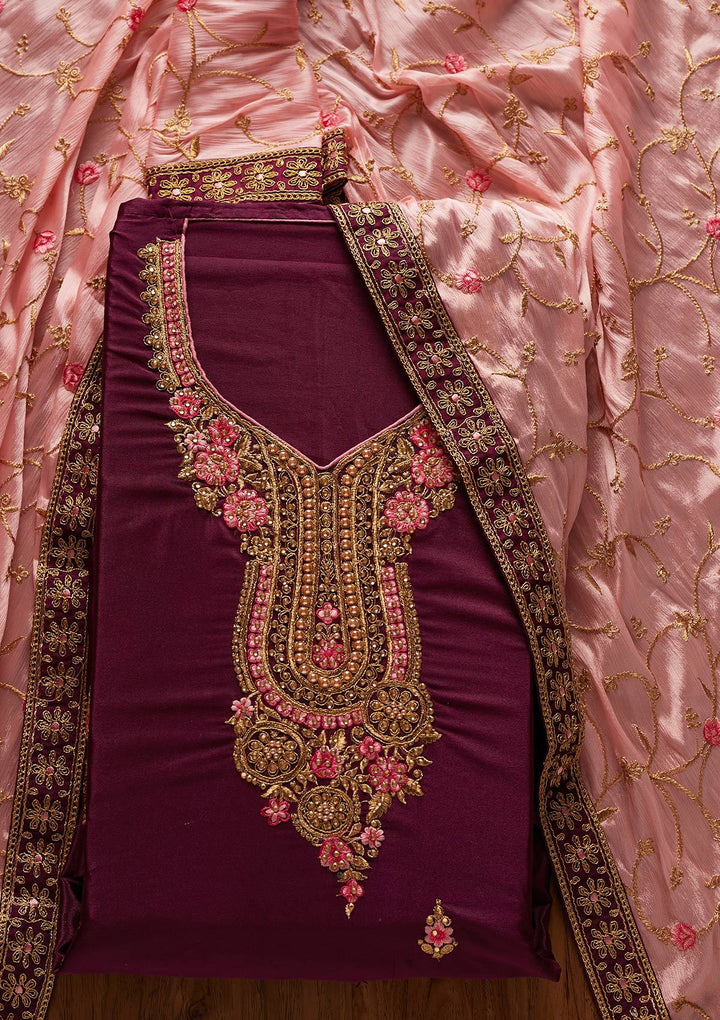 Wine Zariwork Semi Crepe Designer Semi-Stitched Salwar Suit - koskii