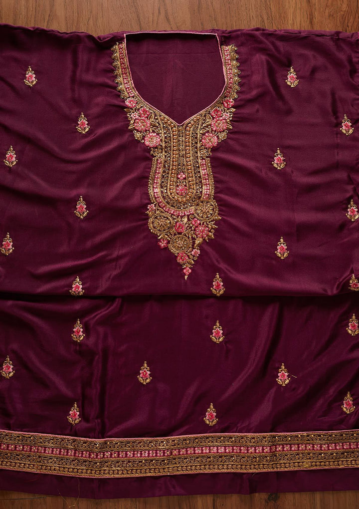 Wine Zariwork Semi Crepe Designer Semi-Stitched Salwar Suit - koskii