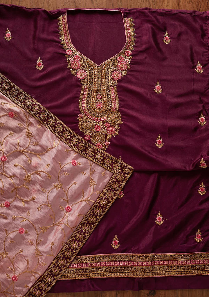 Wine Zariwork Semi Crepe Designer Semi-Stitched Salwar Suit - koskii
