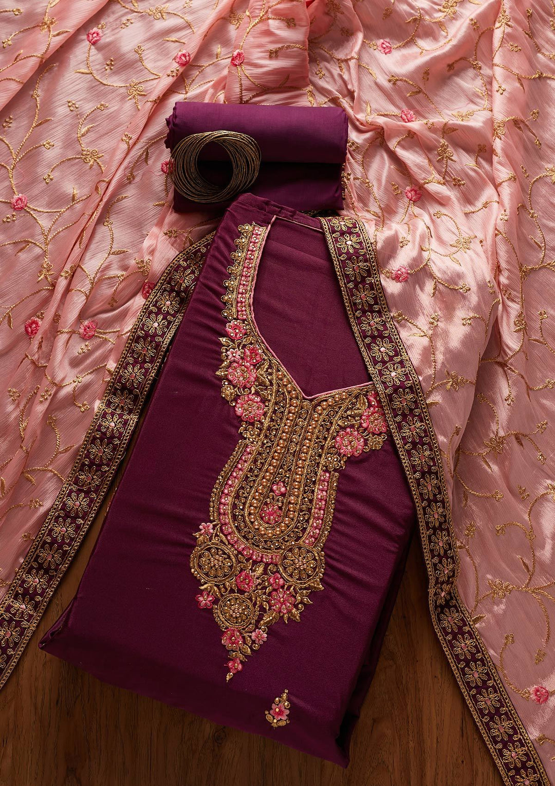 Wine Zariwork Semi Crepe Designer Semi-Stitched Salwar Suit - koskii
