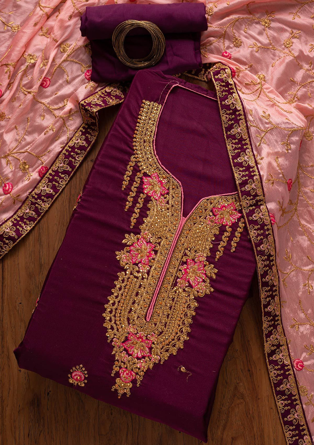 Wine Zariwork Semi Crepe Designer Semi-Stitched Salwar Suit - koskii