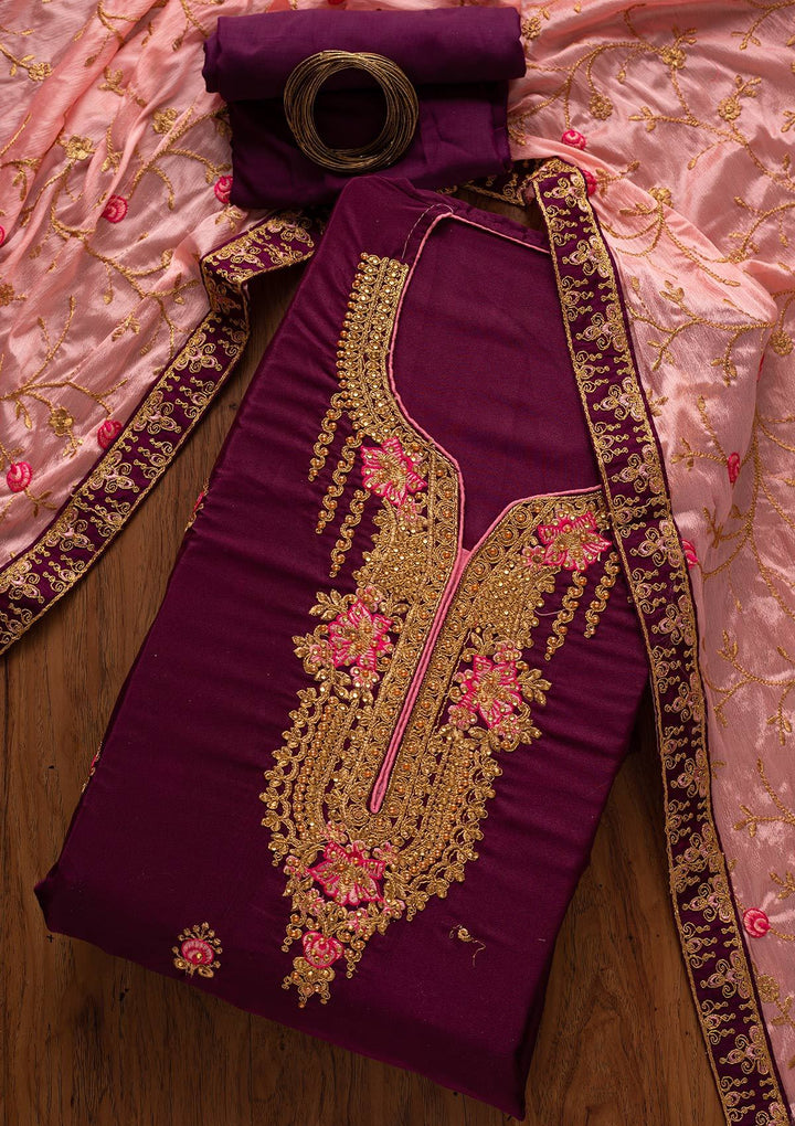 Wine Zariwork Semi Crepe Designer Semi-Stitched Salwar Suit - koskii