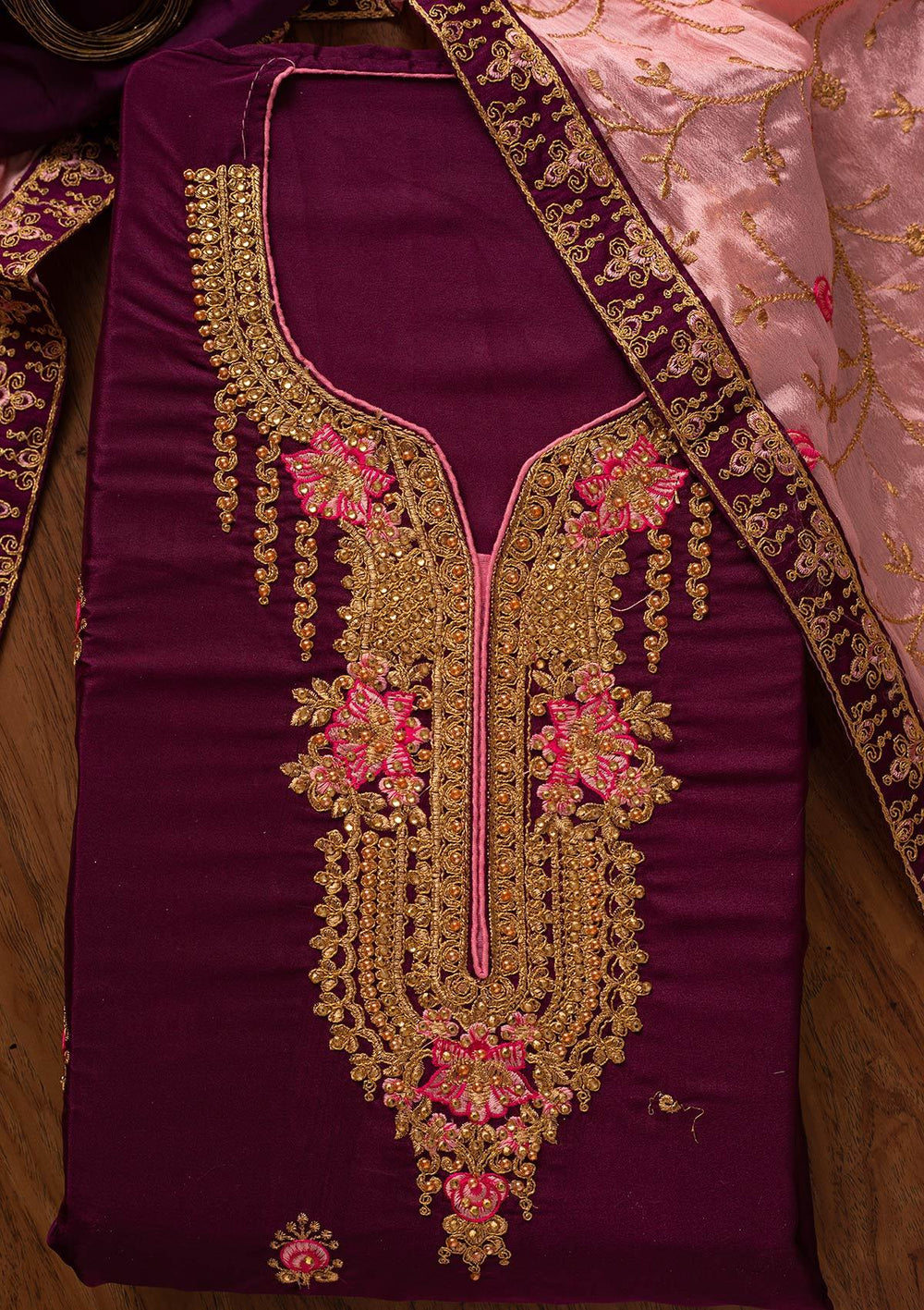 Wine Zariwork Semi Crepe Designer Semi-Stitched Salwar Suit - koskii