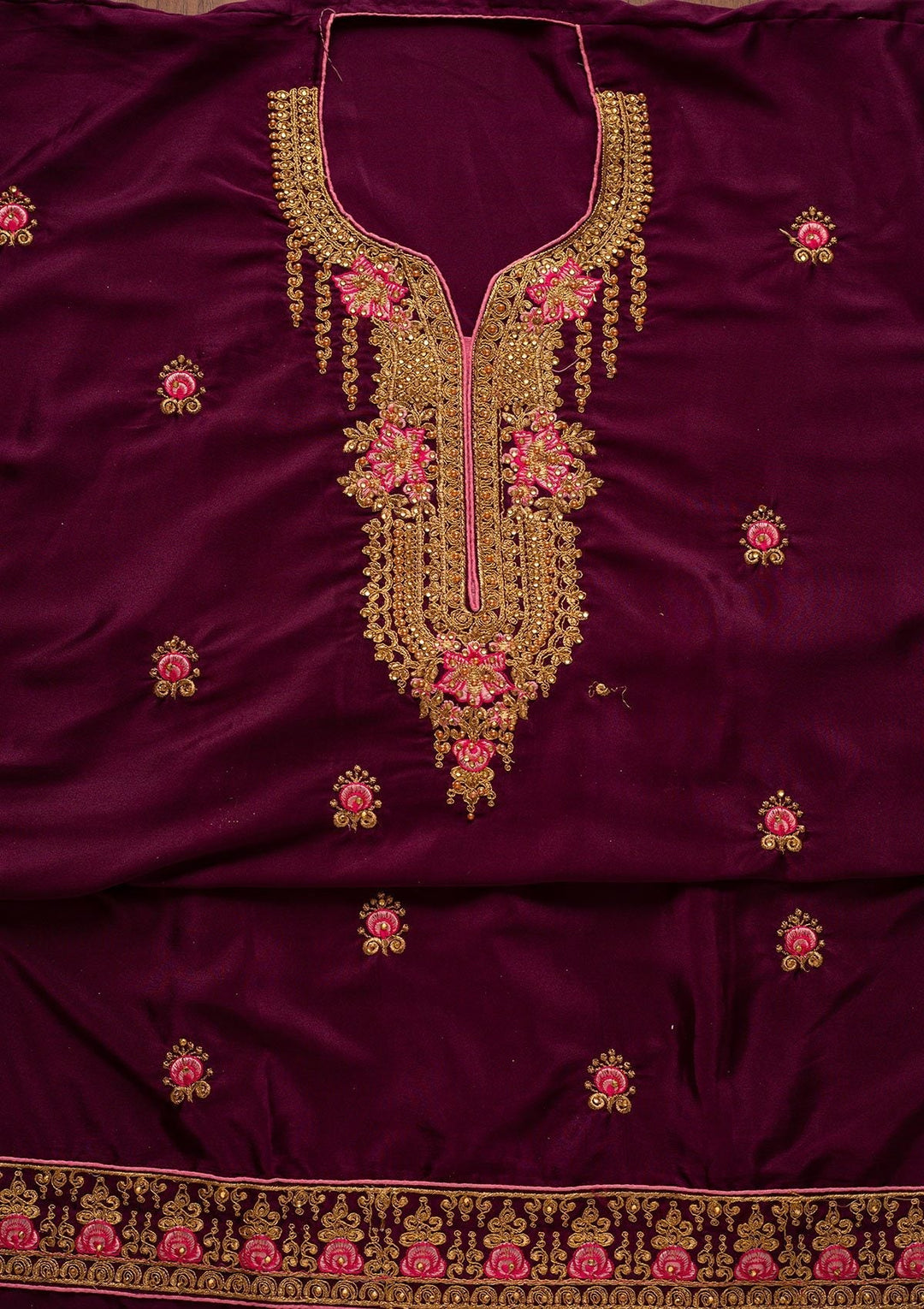 Wine Zariwork Semi Crepe Designer Semi-Stitched Salwar Suit - koskii