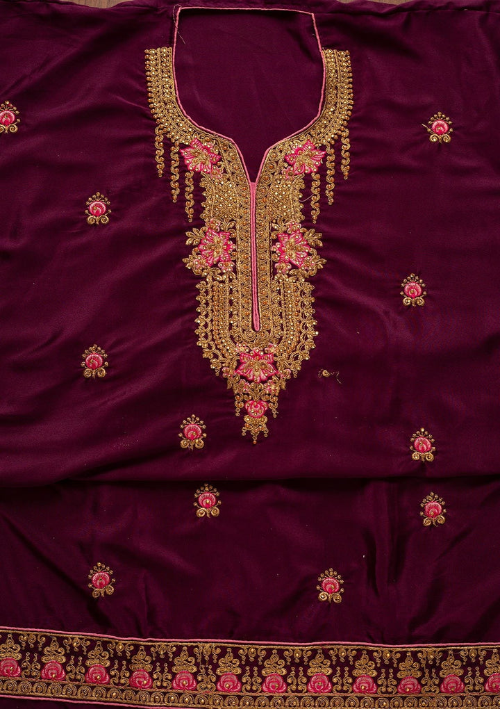 Wine Zariwork Semi Crepe Designer Semi-Stitched Salwar Suit - koskii