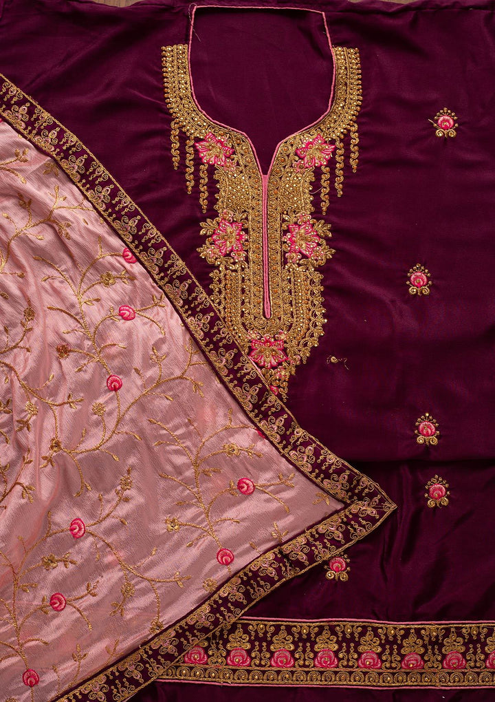 Wine Zariwork Semi Crepe Designer Semi-Stitched Salwar Suit - koskii