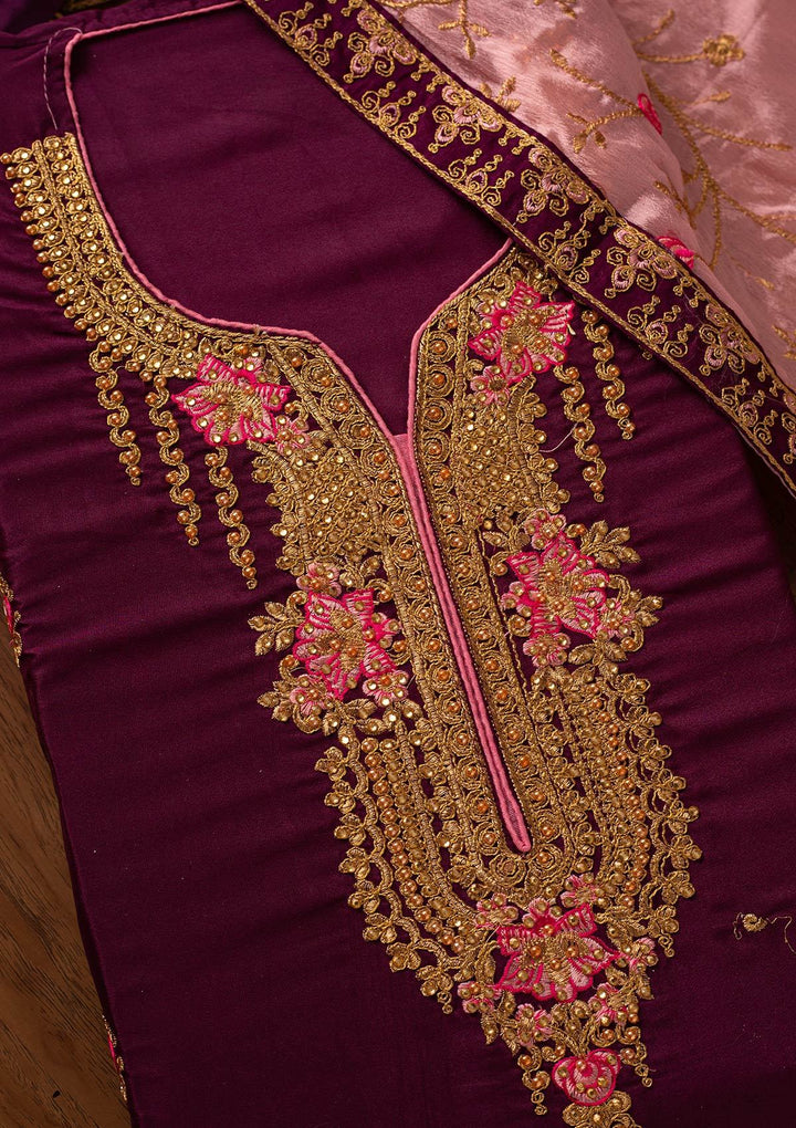 Wine Zariwork Semi Crepe Designer Semi-Stitched Salwar Suit - koskii